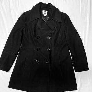 Anne Klein Coat Womens Black Wool Blend Double-Breasted Peacoat Classic Preppy L